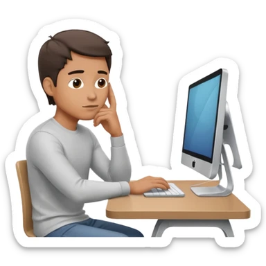 emoji of a man sitting at the table with an imac on it, a man is sitting in a very thoughtful pose, he has his hands on the table and his head resting on themб he look into the screen of imac sticker
