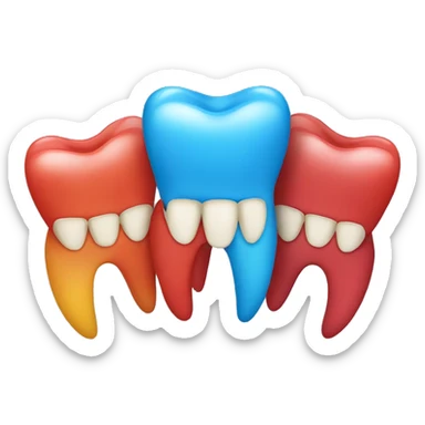 Create an emoji that represents three human teeth together, aligned horizontally. The first tooth should be blue, the second red and the third yellow.
 sticker