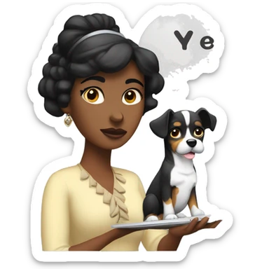 A woman with thick eyebrows and black hair, wearing a dog hairband, has a MacBook placed in front of her. Inside the speech bubble she is thinking about is a palette and brush. sticker