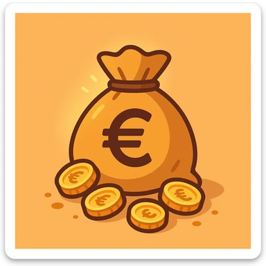 flat toon style money bag with euro symbol, slight glow, coins spilling out, simple background sticker