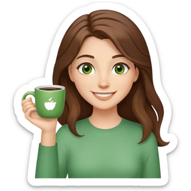 Long, Brown haired girl with middle hair part, with green eyes, smiling, waving with one hand, coffee mug in the other sticker