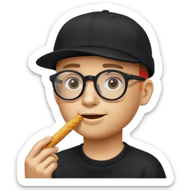 num num eatting hashbrown sticks with a plain black cap and glasses no hair add the words Rollin' 18 to hat sticker