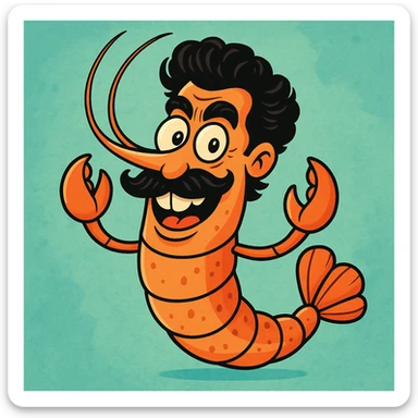 a shrimp with Borat's mustache and hairstyle, cartoon style sticker