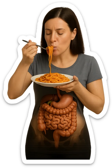 donna con intestino umano anatomico in evidenza che mangia un piatto di pasta, iperrealistico 4k sticker