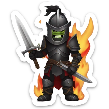 Orc black knight with night armor, sword with flames, Halloween theme, emoji sticker