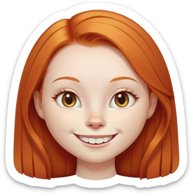 traditional emoji of young girl with very pale skin, long straight bright ginger red hair, cat-like almond-shaped eyes that are angled upward, wide flat nose, big smile with very large prominent teeth showing, classic round face sticker