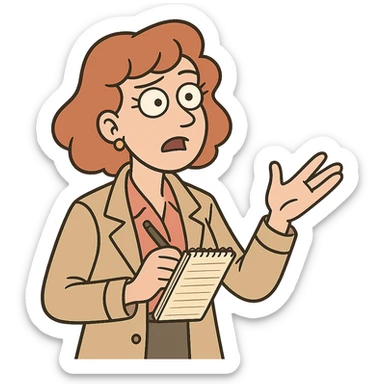 A 1980s female newspaper journalist holding a note book and pen looking like they are asking a question sticker