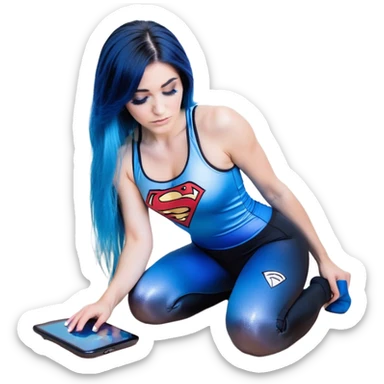 Disapponted-big tears-head back texting on phone-very very large upper body-sexy face-bending forward at waist-very long very straight dark blue to light blue ombre hair-and-blue eyes-thick black eyeliner-long eyelashes-iridescent blue lowcut tanktop with black leggings with glitter superman logo sticker