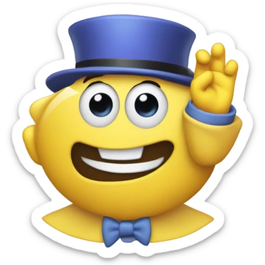 a yellow face emoji NOT SMILING saluting with a top hat that has a periwinkle band on it sticker