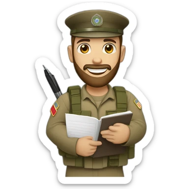 pale brown bearded IDF soldier happy holding notebook and pen sticker