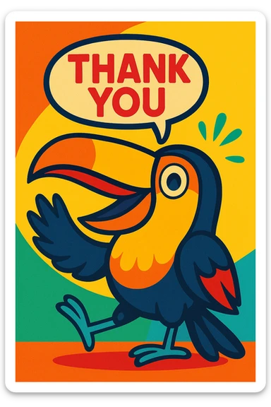full color happy toucan saying 'thank you', vibrant and cheerful, expressive features sticker