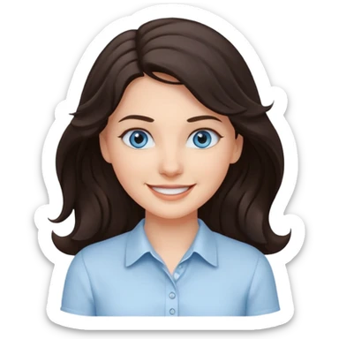 A White girl with wavy and dark hair, light blue eyes and a white shirt smiling sticker