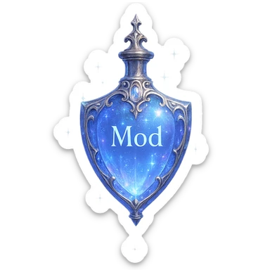 luxurious crystal elixir bottle in shield shape, color #7986cb, ornate silver and iridescent details, magical glowing and sparkling effects, very small neck, seamless bottom, transparent background, bottle floating in air, no base or shadow, modern, collection style, the word 'Mod' written on the bottle sticker