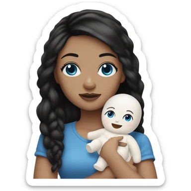 white girl with black hair and blue eyes playing with baby doll sticker