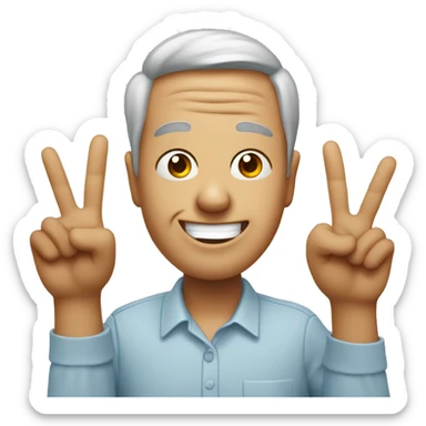 A face with eyes wide, grinning anxiously, forehead in wrinkles and two hands throwing peace signs sticker