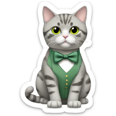 Aesthetic fat grey tabby British short hair full body cat with sage green bow tie sticker