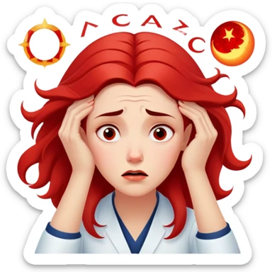 A Pixar-style sticker of an anxious female astrologer based on the reference photo, staring at an eclipse calendar, pulling her hair, floating red zodiac signs behind her, exaggerated worried expression, white background sticker
