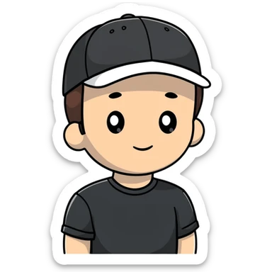 a white bro with brunette hair, wearing a black cap and a black shirt sticker