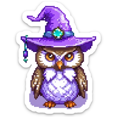 owl perched wearing a purple wizard hat pixel art sticker