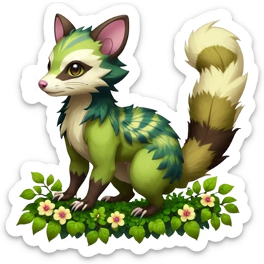 Realistic Sharp swampy realistic mossy grassy elemental ivy floral detailed Colorful translucent luminescent glowing Trico-Sergal-Furret-Ferret-Wolverine-Vernid-furry-fursona-fusion-Fakemon-animal-hybrid-creature, full body sticker