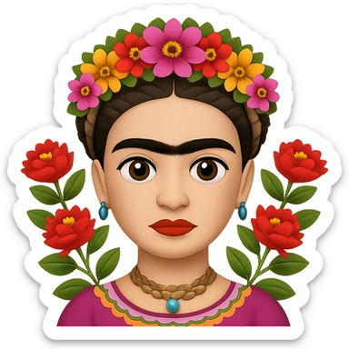 Add a more prominent unibrow to Frida Kahlo in the style of emoji. Keep the transparent background. sticker