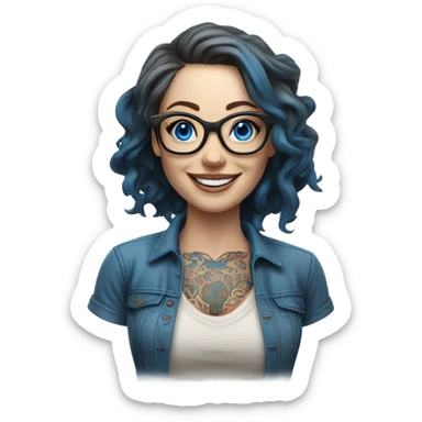 3d photo Realistic Balayage pale beautiful tattooed woman with glasses and blue eyes happy  sticker