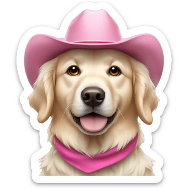 White golden retriever wearing pink cowboy hat sticker