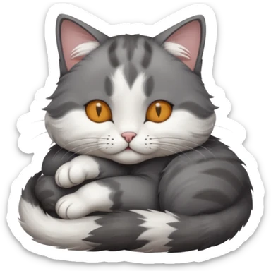 dark grey and white small cat with his eyes closed leaning his head on his paw while lying down sticker