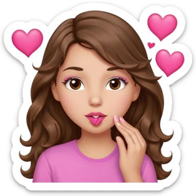 girl with long wavy brown hair, brown eyes, light to medium complexion, in a pink shirt, pink lips, long lashes, puckering up for a kiss, kiss lips and hearts sticker