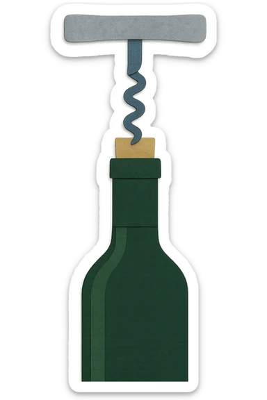 steel wine opening step 2: inserting wine opener screw, realistic dark green wine bottle color, no background sticker