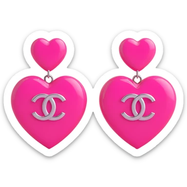 Remove any pearl elements, keep as glossy pink 3D emoji-style heart-shaped earrings with a silver Chanel logo in the center, elegant, with no background. sticker