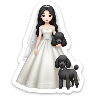 A beautiful girl with long black hair in a wedding dress holds a small gray poodle sticker