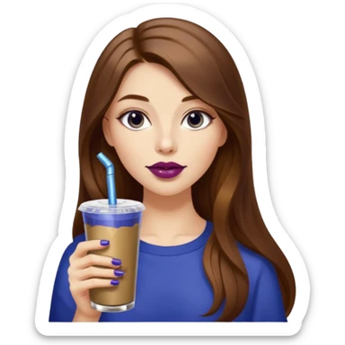 girl with long brown hair, wine lipstick, gold nail polish, drinking a blueberry butter pecan iced coffee with a metallic straw  sticker