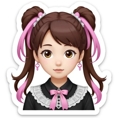 jirai kei, девушка с длинными темно каштановыми волосами и несколько розовых прядей по всей голове в разных местах, прическа два высоких хвоста заплетённые пушистыми белыми резинками. милое лицо. с sticker