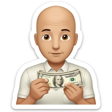 Bald tan man holding money sticker