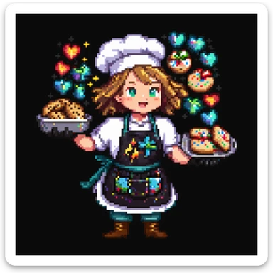 Portrait of a baker casting a baking spell, cookies floating around him, sparkles on his gloves and apron, skeuomorphism style sticker