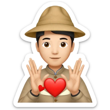 chinese man in pointy asian hat doing heart hands sticker