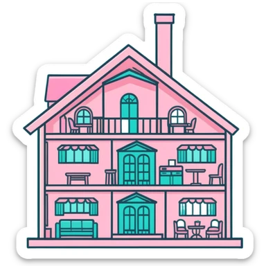 cute pastel pink dollhouse with miniature furniture sticker