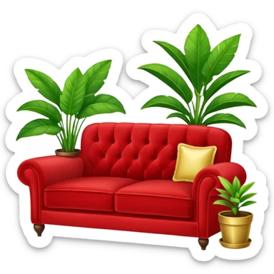 red velvet luxury couch with a mic and houseplant sticker