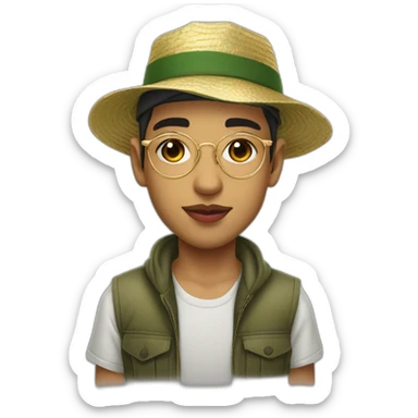 young algerian guy with big pink lips and thin gold transparent glasses, wearing fishing hat with a scar on left cheek sticker