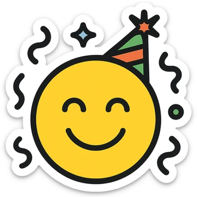 emoji celebrating with party hat, confetti, smiling, color outline icon style sticker