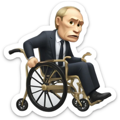 furious vladimir putin monke rides golden wheelchair holding a suitcase sticker