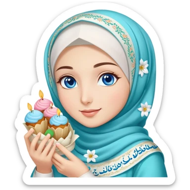 Turkish beautiful finish Konya girl blue eyes with lily floral hijab islamic dress and had on her hand text Eid Mubarak with sweets and celebrating with her friends eid days   sticker
