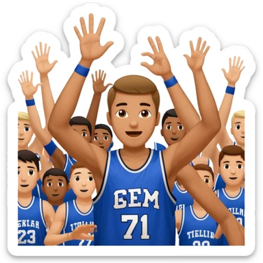 Maverick Trevillian in the crowd at an amateur basketball game. He leans towards the camera and enthusiastically shouts "six seven while performing a distinctive hand gesture: both hands open, palms facing upward, moving up and down as if weighing two options. sticker