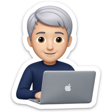 3D Memoji of the man from the photo, short salt-and-pepper hair, dark navy sweater, sitting with a silver laptop, Pixar style, white background, professional smile sticker