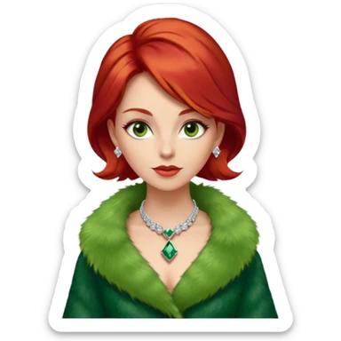 * Character: A stylish lady,red hair
* ﻿﻿Clothing: A luxurious green fur coat
* ﻿﻿Accessories: A dazzling diamond necklace
* ﻿﻿Expression: Confident, elegant, maybe slightly glamorous
* ﻿﻿Pose: Head slightly tilted or a poised posture
* ﻿﻿Style: Emoji-like, simple but expressive sticker