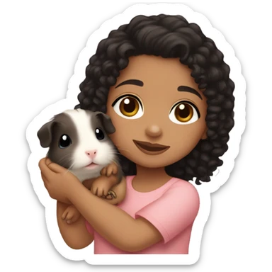 Little light skin girl with black curly hair holding a light brown Guinea pig sticker