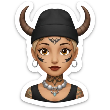 Woman with small horns — black hat, face tattoos sticker