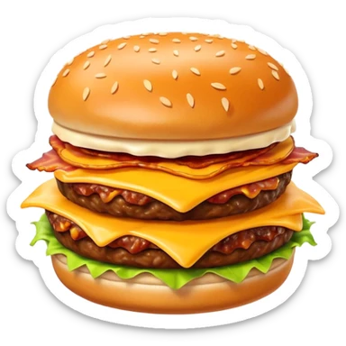 bacon burger object icon, crispy bacon strips, beef patty, melted cheese, sesame bun, 3D cartoon, mobile game icon style, clean background, no text, no watermark
 sticker
