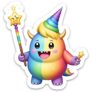 Kawaii derpy fat rainbow monster with magic wand  sticker